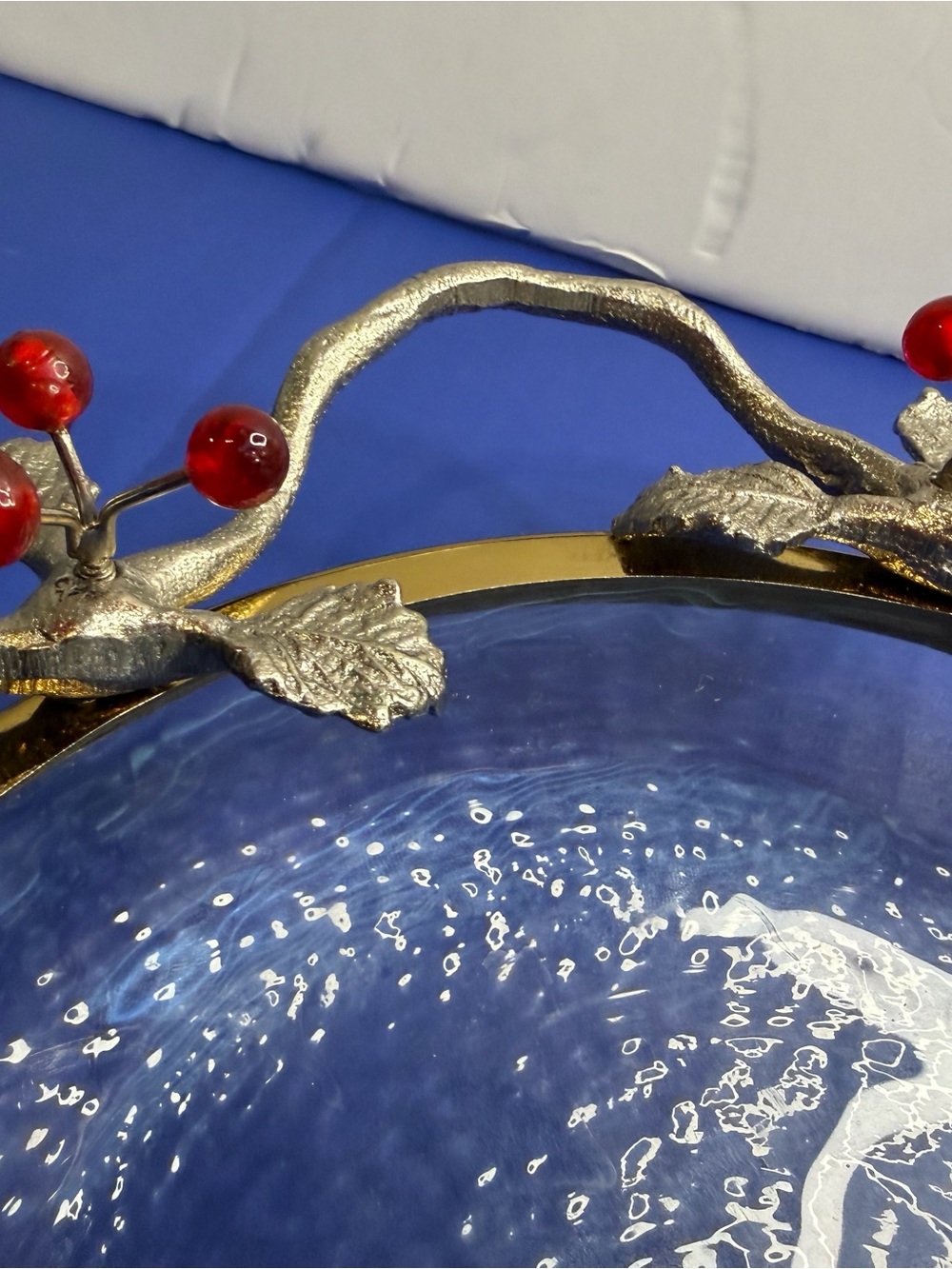 Vtg Clear Glass Dish, Sculptured, Metal Frame 
adorned With Red Berries READ - Picture 6 of 16